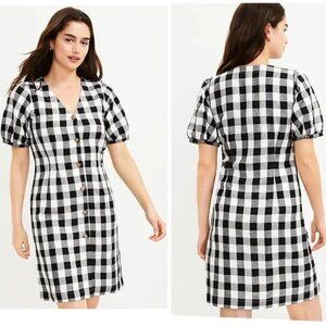 LOFT Gingham Plaid Button Down Dress 6 Short Puff Sleeves Linen Black White